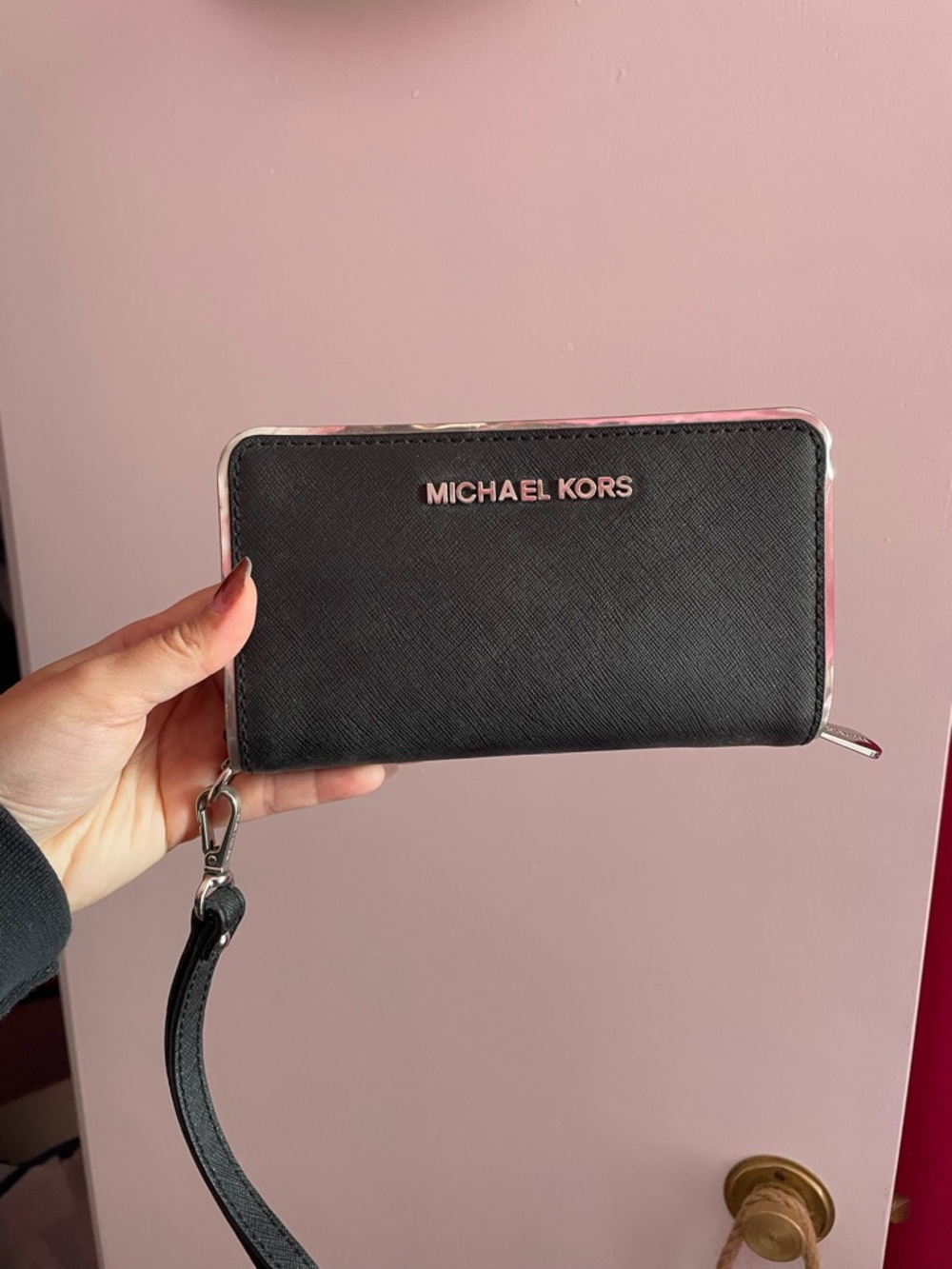 Michael Kors Black Zip Wallet Wristlet with Silver Logo
